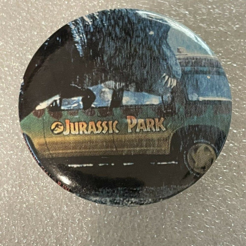 1993 Vintage Jurassic Dinosaur  Pick Up Truck Pin Back Pinback Button Badge